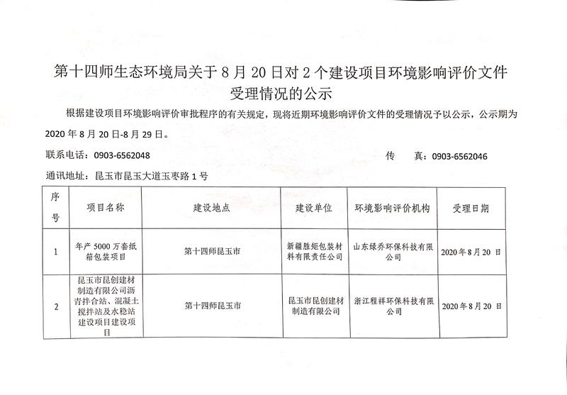 第十四师生态环境局关于8月20日对2个建设项目环境影响评价文件受理情况的公示