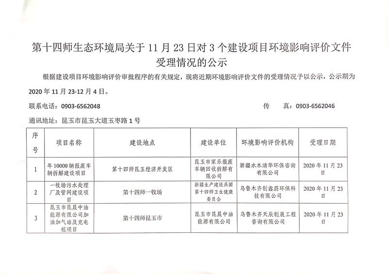 第十四师生态环境局关于11月23日对3个建设项目环境影响评价文件受理情况的公示