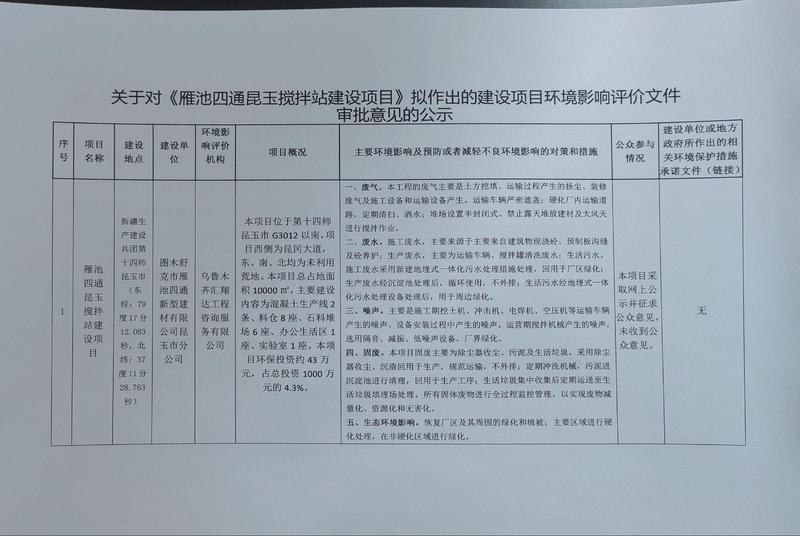 关于对《雁池四通昆玉搅拌站建设项目》拟作出的建设项目环境影响评价文件审批意见的公示