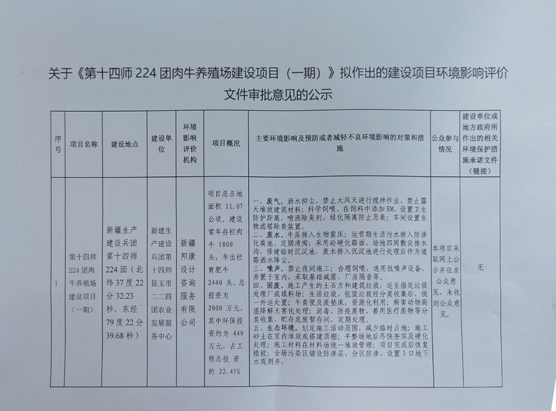 第十四师生态环境局关于4月20日对《十四师224团肉牛养殖场建设项目（一期）》环境影响评价文件拟作出审批意见情况的公示