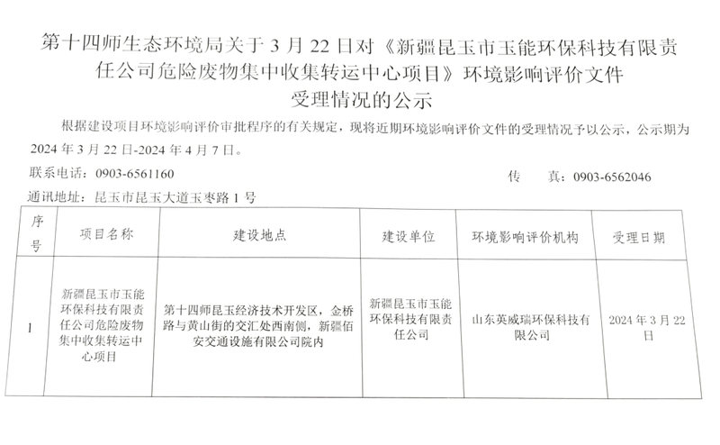 第十四师生态环境局关于3月22日对《新疆昆玉市玉能环保科技有限责任公司危险废物集中收集转运中心项目》环境影响评价文件受理情况的公示