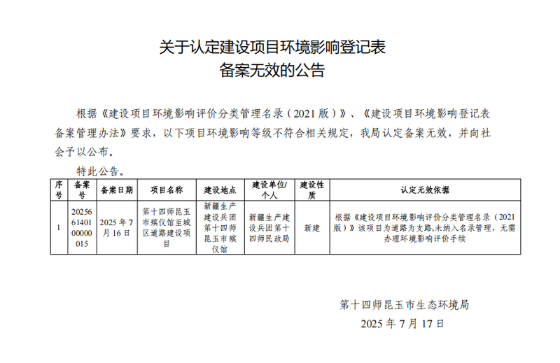 关于认定建设项目环境影响登记表备案无效的公告
